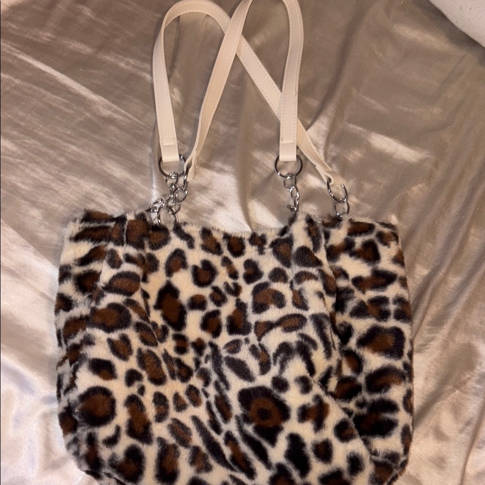 Leopard Print Faux Fur Tote Bag with White Straps